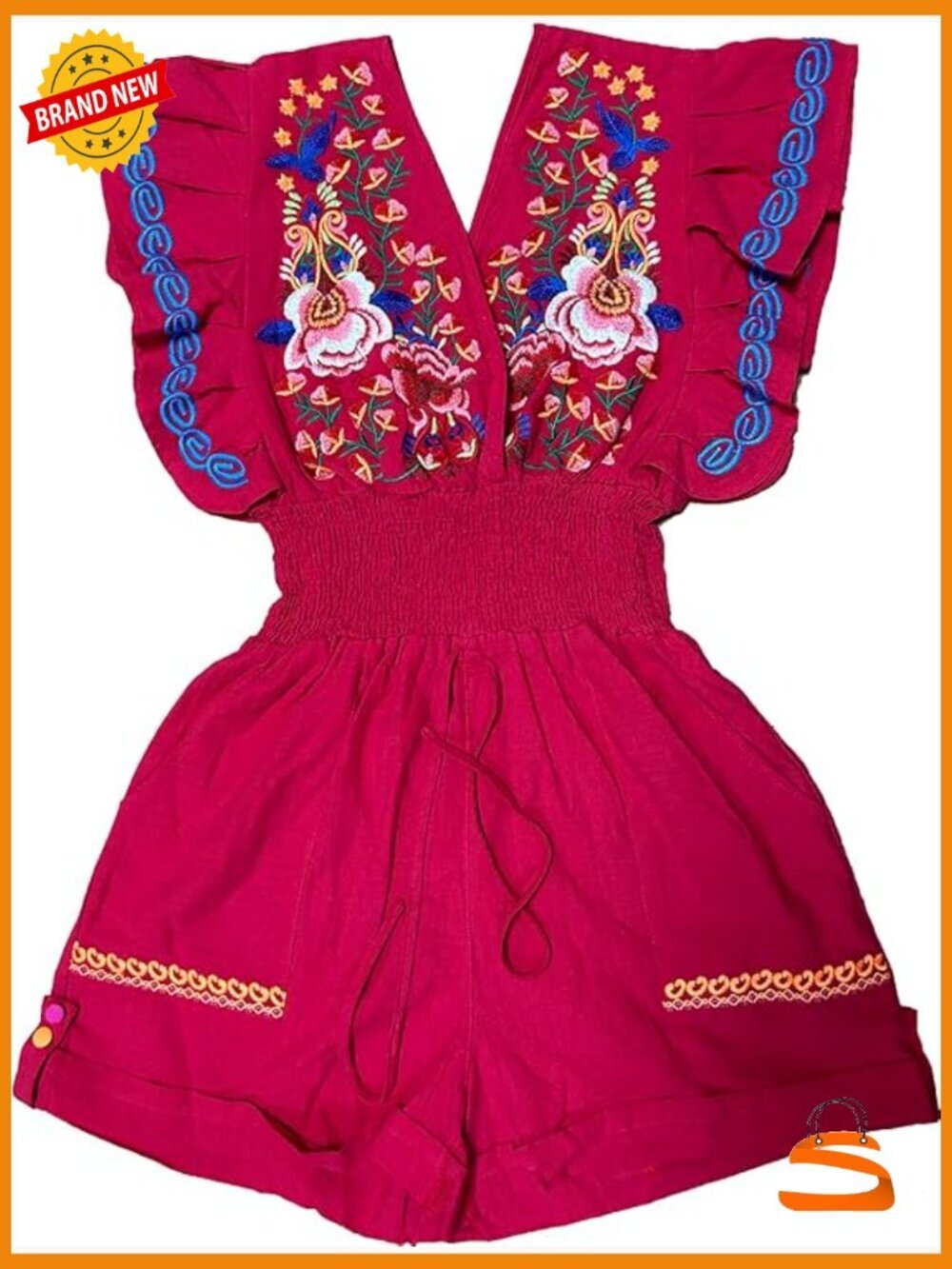 Mexican Embroidered Floral V Neck Butterfly Sleeve Romper Jumpsuit